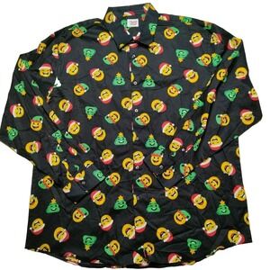 North Pole Men 2XL Santa Emoji Happy Helpers AOP Long Sleeve Button Shirt NEW